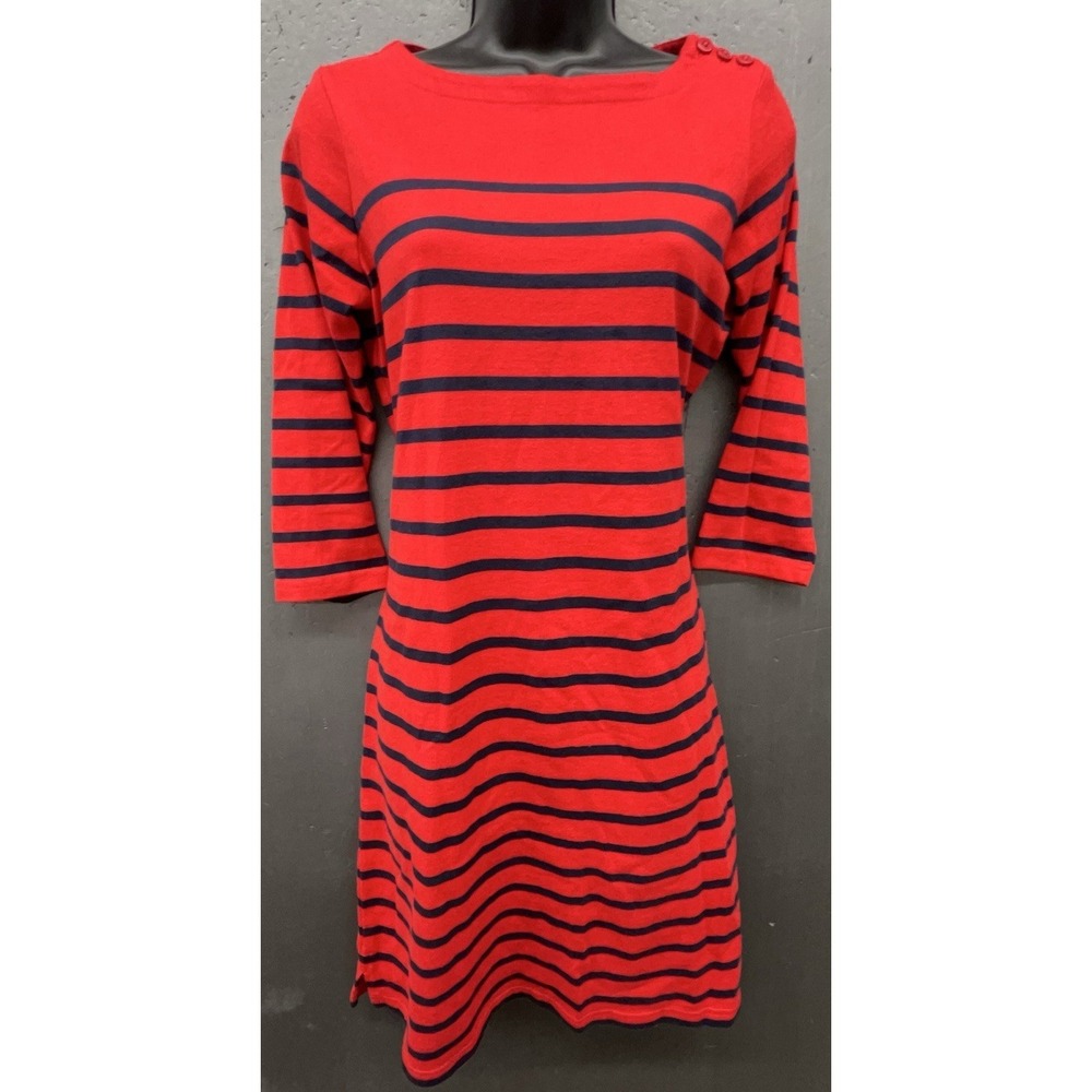 LL Bean Dress XS Red Blue Stripe Cotton 3/4 Sleeve Preppy Coastal Classic July 4
